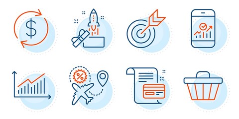 Innovation, Smartphone statistics and Payment card signs. Usd exchange, Graph and Flight sale line icons set. Shop cart, Target symbols. Currency rate, Presentation diagram. Finance set. Vector