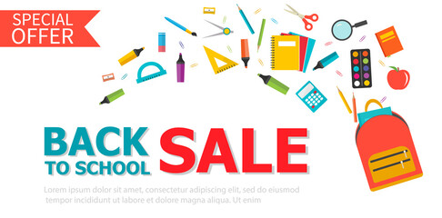 Back to school banner with flying school supplies set, vector illustration