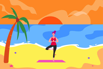 Yoga vector concept: woman doing one leg yoga pose on the beach at morning/evening time