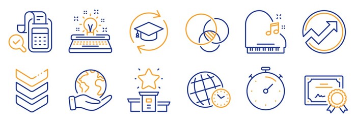Set of Education icons, such as Piano, Time zone. Certificate, save planet. Continuing education, Audit, Euler diagram. Timer, Bill accounting, Winner podium. Vector