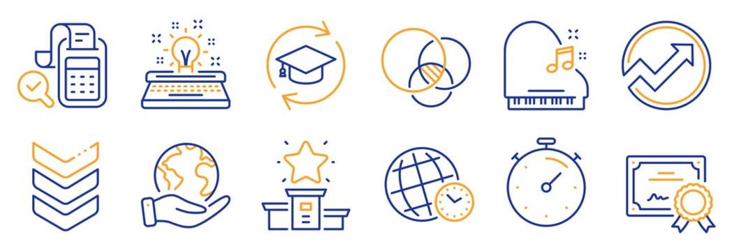 Set of Education icons, such as Piano, Time zone. Certificate, save planet. Continuing education, Audit, Euler diagram. Timer, Bill accounting, Winner podium. Vector