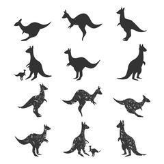 Australian kangaroo vector black silhouettes set isolated on a white background.