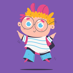 Cute boy jumping vector cartoon kid character illustration isolated on background.