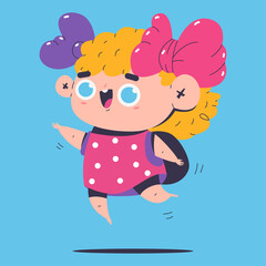 Cute girl with bows jumping vector cartoon kid character illustration isolated on background.