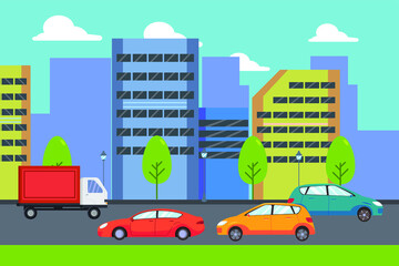 City traffic vector concept: City buildings with cars and truck on the road