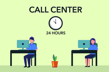 Customer service vector concept: Operators working taking calls from customers