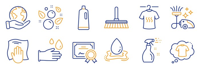 Set of Cleaning icons, such as Dry t-shirt, Washing cloth. Certificate, save planet. T-shirt, Cleaning spray, Vacuum cleaner. Cleaning mop, Water splash, Clean bubbles. Vector