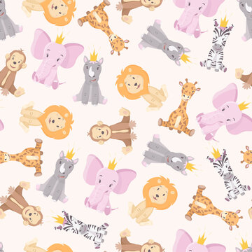 Vector illustration pattern with cartoon wild African multicolored animals.