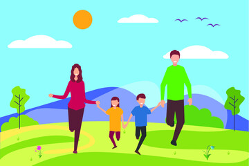 Naklejka na ściany i meble Family joy vector concept: group of family holding hands together while jumping happily at the green meadows
