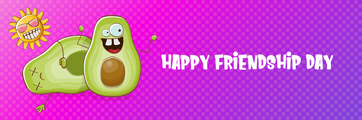 Happy friendship day cartoon comic horizontal banner with two funky avocado friends and cartoon sun isolated on violet background. Friendship day funky greeting card or party flyer. BFF concept
