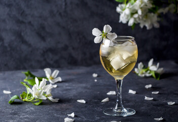 Apple cider or Calvados with ice cubes in wine glass. Refreshing cool summer drink, lemonade or ice tea decorated with apple tree petals. Copy space for text, low key.