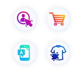 User, Ab testing and Market sale icons simple set. Button with halftone dots. Dirty t-shirt sign. Project manager, Phone test, Customer buying. Laundry shirt. Business set. Vector