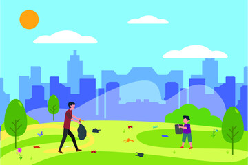 Obraz na płótnie Canvas Environment vector concept: father and son collecting garbage on the green city park
