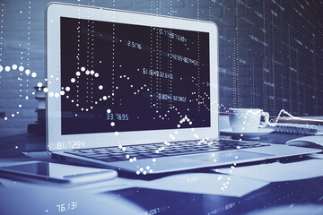 Multi exposure of computer on background and technology theme drawing. Concept of innovation.