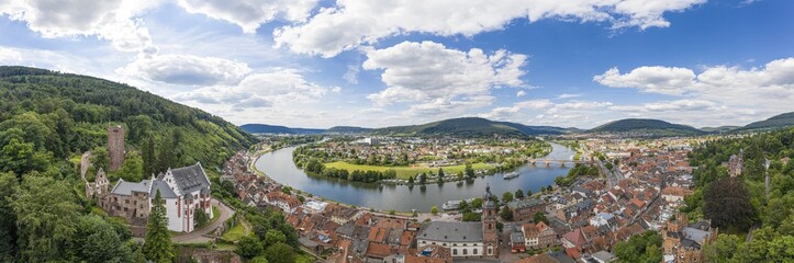 Fototapeta na wymiar Aerial drone panoramic picture of the medieval city of Miltenberg in Germany during daytime