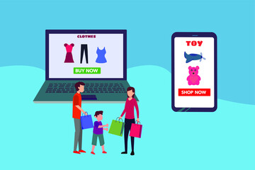 Online shopping vector concept: group of family carrying shopping bags while standing near big laptop and phone projecting online catalog of clothes and toys