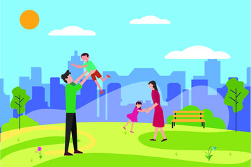 Family summer fun vector concept: Happy family playing together in the city garden at summer 
