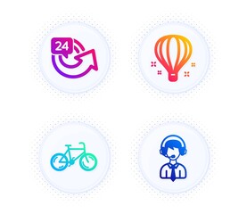 Air balloon, 24 hours and Bicycle icons simple set. Button with halftone dots. Shipping support sign. Sky travelling, Repeat, Bike. Delivery manager. Transportation set. Vector