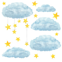 Clouds and stars. Drawn clip art on white background