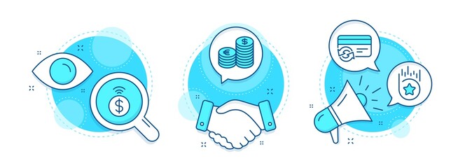 Loyalty star, Contactless payment and Currency line icons set. Handshake deal, research and promotion complex icons. Change card sign. Bonus reward, Financial payment, Euro and usd. Vector