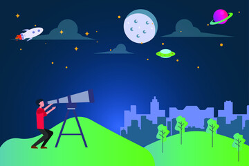 Naklejka premium Astronomy vector concept: man observing the night galaxy sky at the hills