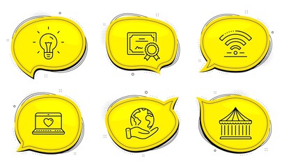 Web love sign. Diploma certificate, save planet chat bubbles. Wifi, Idea and Carousels line icons set. Wireless internet, Light bulb, Attraction park. Social network. Outline icons set. Vector