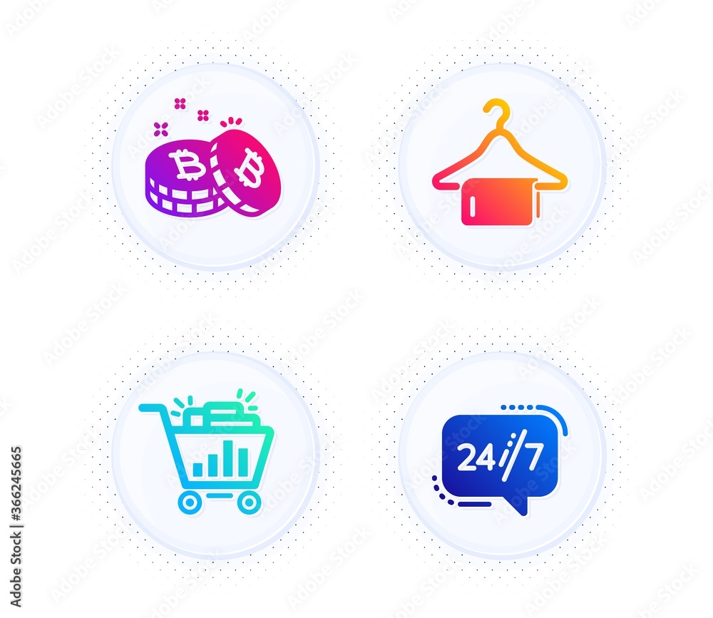 Poster clean towel, bitcoin and seo shopping icons simple set. button with halftone dots. 24/7 service sign