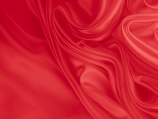 Beautiful elegant wavy red satin silk luxury cloth fabric texture with red background design. Card or banner.