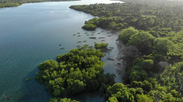Aerial shot of Dhow boats on Pemba island, zanzibar archipelago. East Coast of Pemba island near Mtangani
