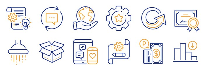 Set of Technology icons, such as Settings gear, Social media. Certificate, save planet. Open box, Update comments, Reload. Parking payment, Cogwheel, Shower. Vector