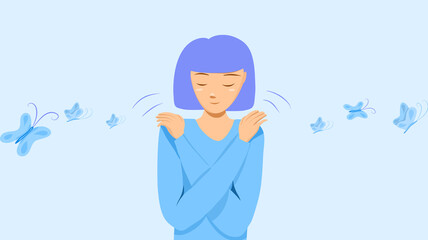 Butterfly hug. A psychology technique for self-soothing from anxiety and anger. A woman cross her arms and tap his shoulder. It’s OK to not be OK. Vector illustration. Flat design