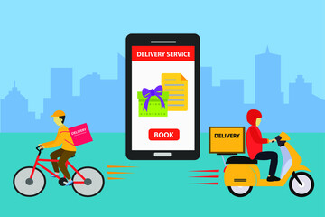 Delivery Service vector concept: couriers delivering each of their packages with bicycle and scooter