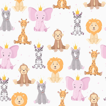 Vector illustration pattern with cartoon wild African multicolored animals.