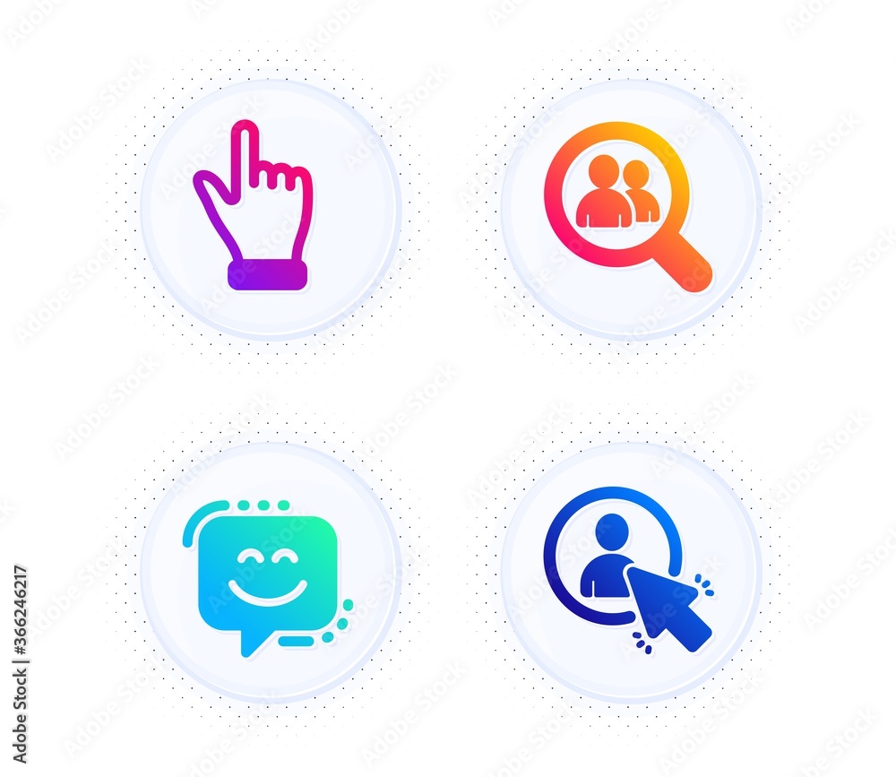 Poster search employees, click hand and smile face icons simple set. button with halftone dots. user sign. 