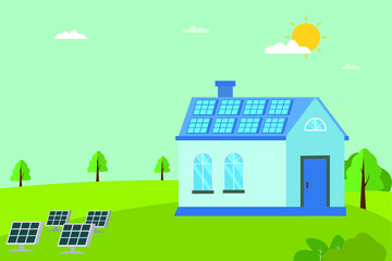 Obraz na płótnie Canvas Solar powered house vector concept: solar panels generating electricity to the house