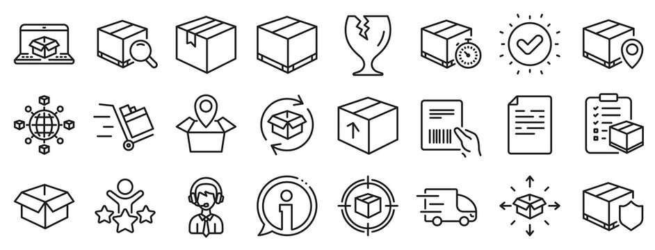 Set of Truck Delivery, Box and Checklist icons. Logistics, Shipping document line icons. Parcel tracking shipping, World trade logistics. Location pin, Goods parcel insurance and document. Vector