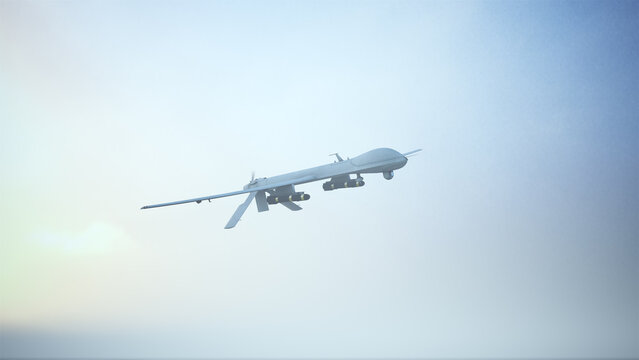 Drone Unmanned Aerial Vehicle Aircraft Flying Low Sunrise Sunset 3d illustration 3d render