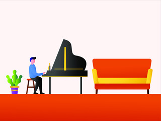 People with music vector concept: man playing piano in his living room