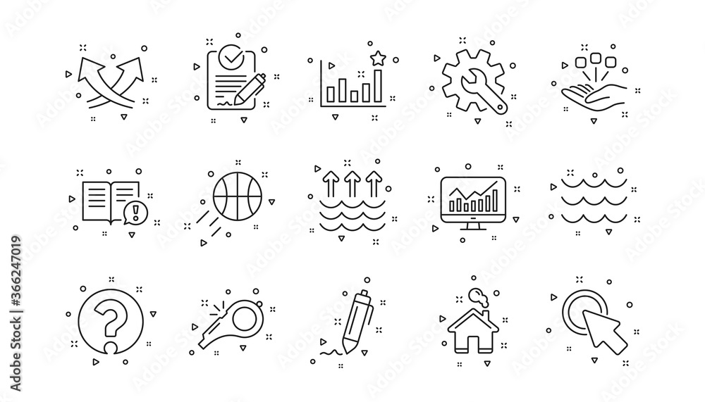 Poster signature, analytics and question mark. waves, whistle and global warming line icons. linear icon se