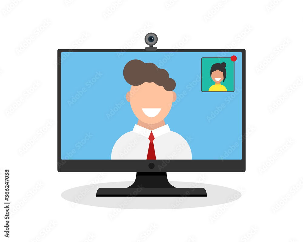 Poster video call on a computer screen. man speaking with friend or colleague. modern flat design illustrat