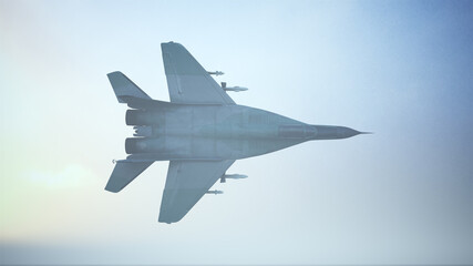 Fototapeta na wymiar Tactical Jet Fighter Aircraft Flying Low Sunrise Sunset 3d illustration 3d render