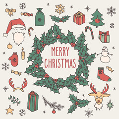 Fototapeta na wymiar Merry Christmas doodle wreath greeting card