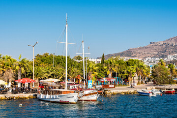 Fototapeta na wymiar Turgutreis Harbour view in Bodrum Town of Turkey.