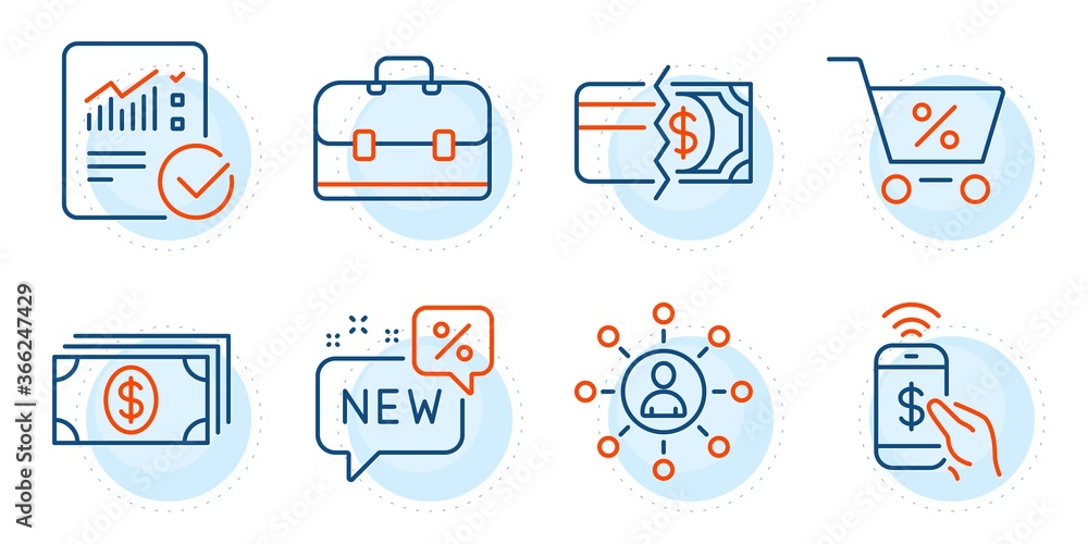 Poster portfolio, new and phone payment signs. payment methods, checked calculation and networking line ico