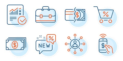 Portfolio, New and Phone payment signs. Payment methods, Checked calculation and Networking line icons set. Banking, Special offer symbols. Credit card, Statistical data. Finance set. Vector