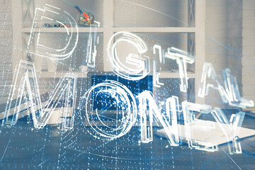 Multi exposure of blockchain theme hologram and table with computer background. Concept of bitcoin crypto currency.