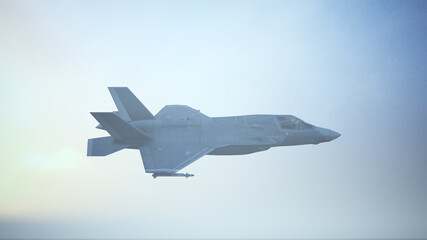 Fototapeta na wymiar Strike Fighter Jet Aircraft Flying Low Sunrise Sunset 3d illustration 3d render