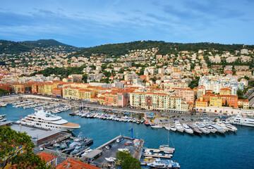 Fototapeta na wymiar View of Old Port of Nice with luxury yacht boats from Castle Hill, France, Villefranche-sur-Mer, Nice, Cote d'Azur, French Riviera