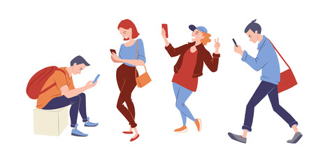 Group of young adults with smartphones. Students talking, texting, searching internet. Gadget addiction concept banner. Vector character illustration isolated on white.