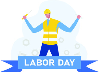 Labor Day vector concept: portrait of construction worker cheering and raising arms